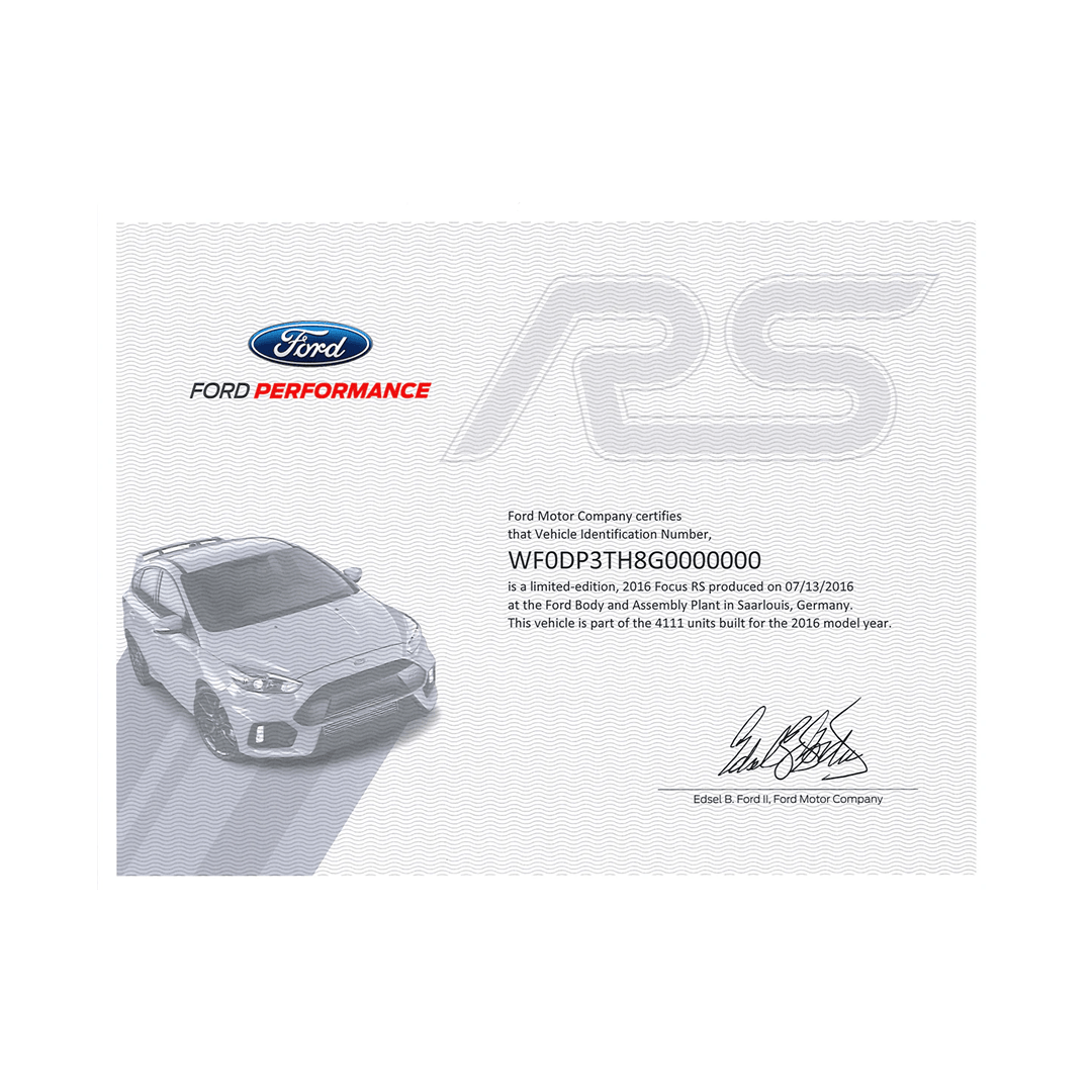 2016 - 2018 Focus RS Certificate Package - Ford Show Parts