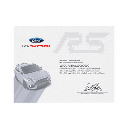 2016 - 2018 Focus RS Certificate Package - Ford Show Parts