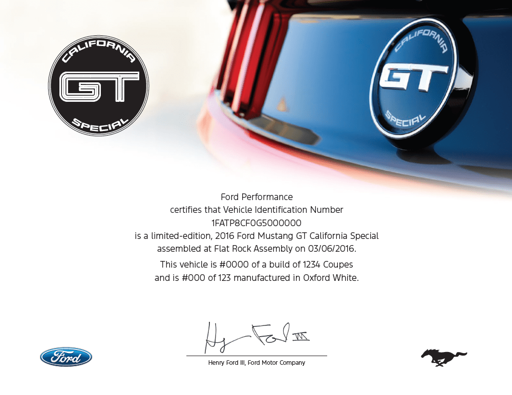 2016 Mustang GT California Special Certificate - Ford Show Parts