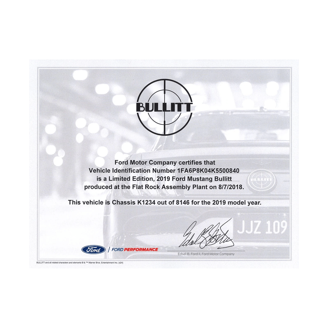 2019 - 2020 Mustang Bullitt Certificate of Authenticity - Ford Show Parts