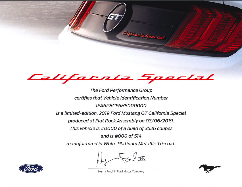 2019 - 2021 Mustang GT California Special Certificate - Ford Show Parts