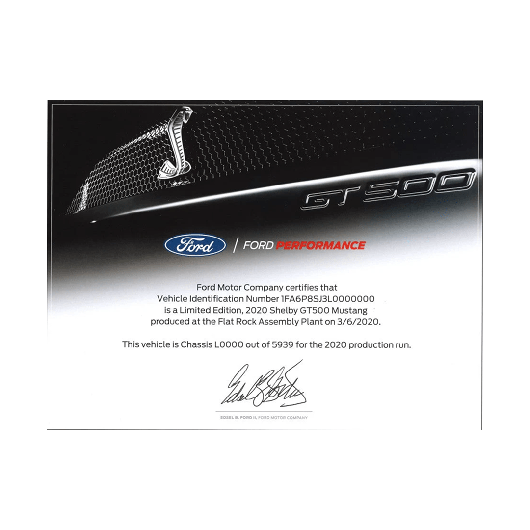 2020 - 2022 Shelby GT500 Certificate of Authenticity - Ford Show Parts