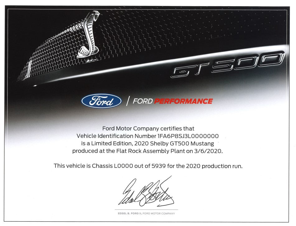 2020-2022 Shelby GT500 Certificate of Authenticity