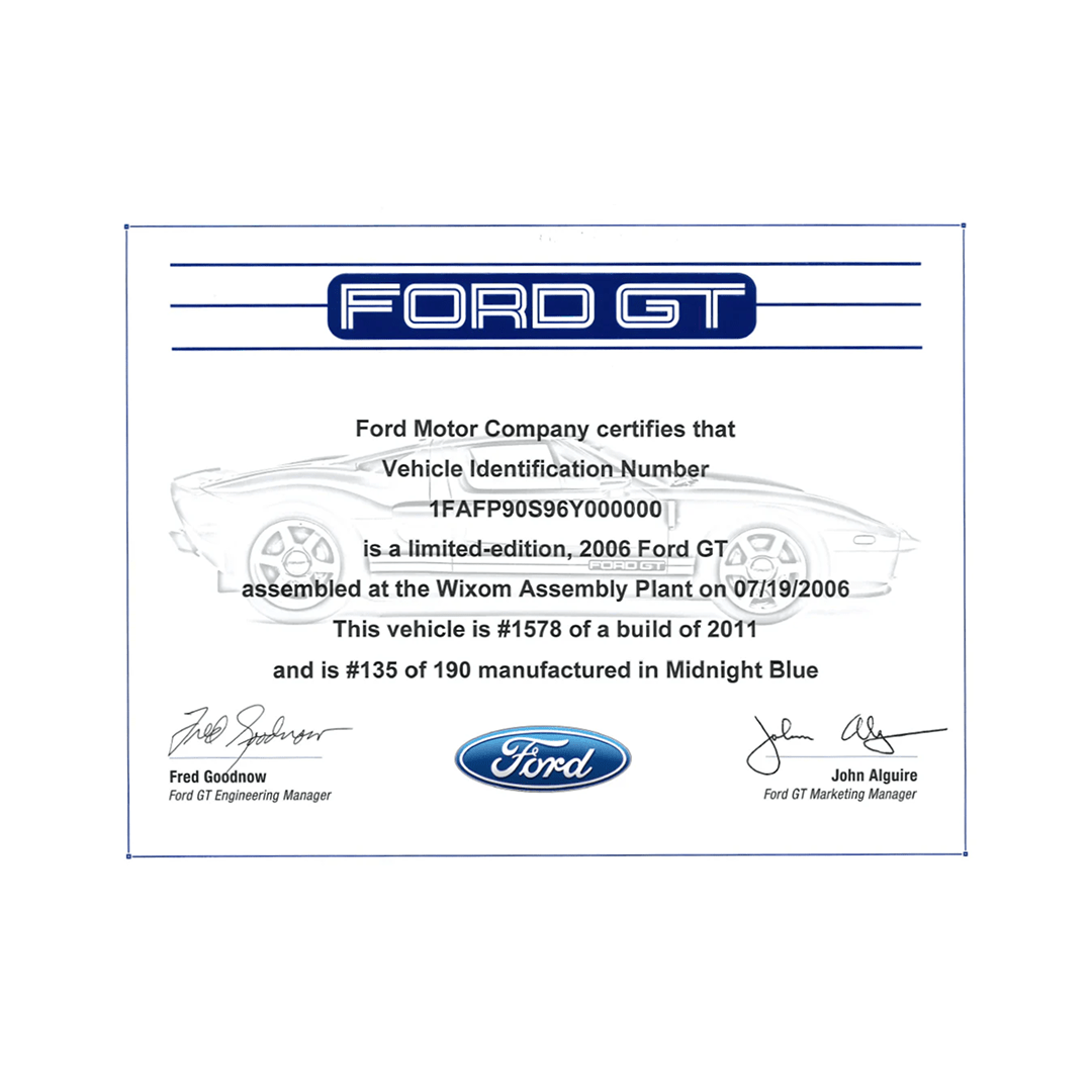 Ford GT Certificate - Ford Show Parts