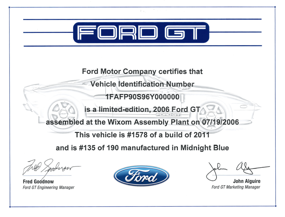 Ford GT Certificate - Ford Show Parts