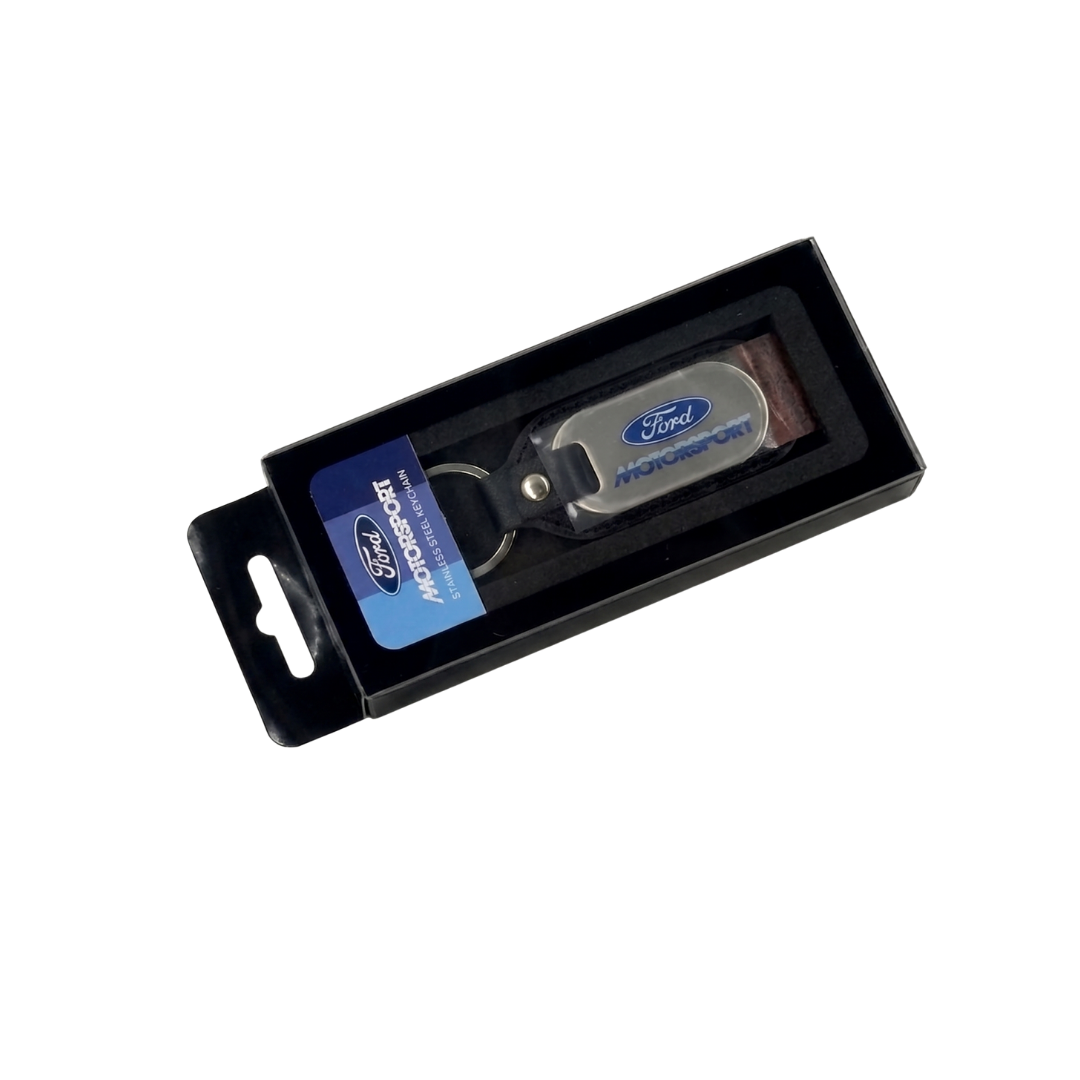 Ford Motorsport Stainless Steel & Leather Keychain - Ford Show Parts 