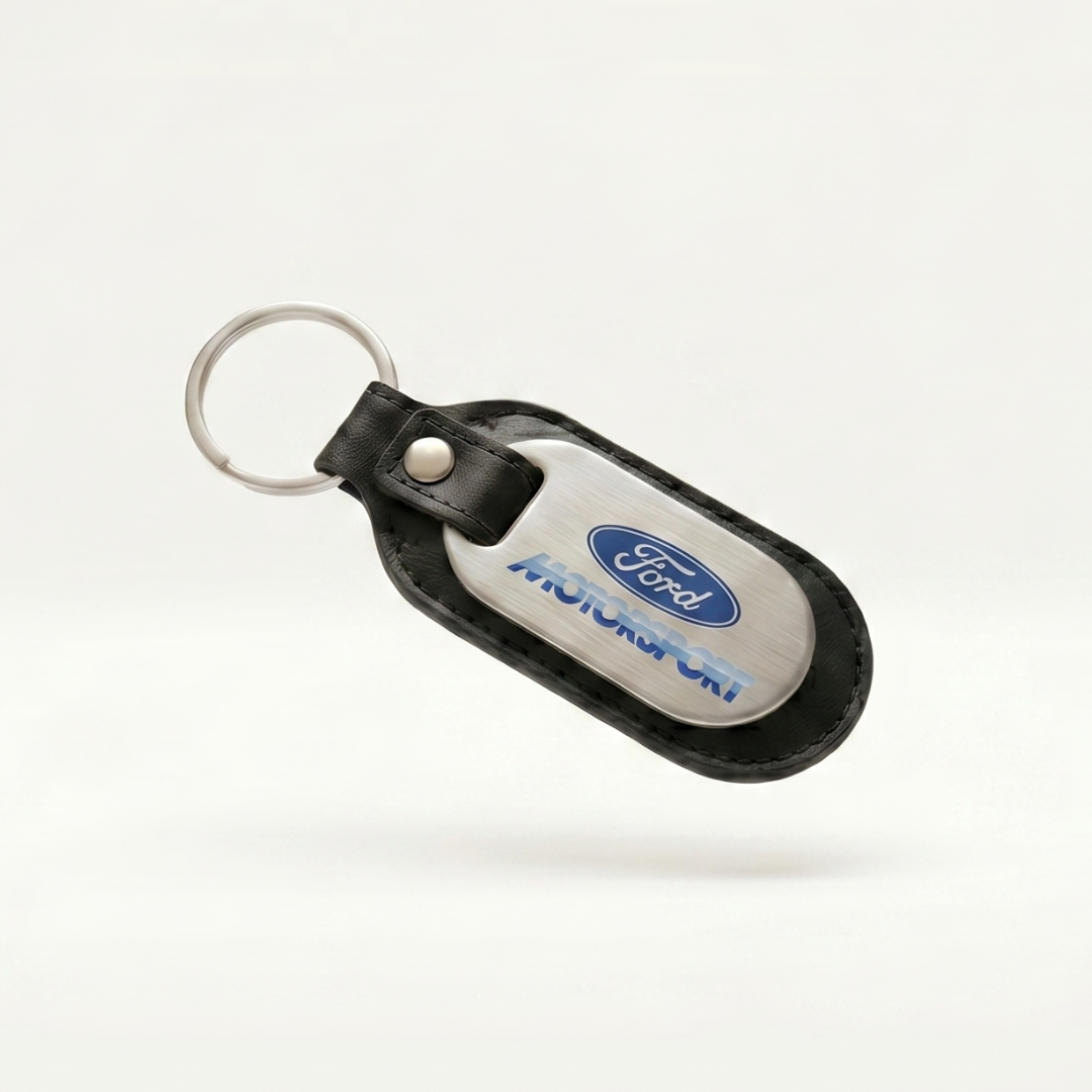 Ford Motorsport Stainless Steel & Leather Keychain - Ford Show Parts 