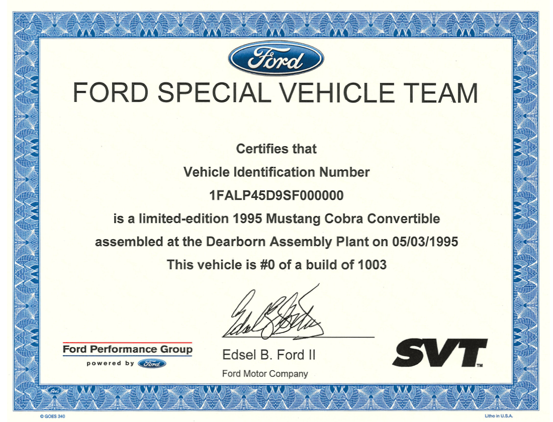 Ford SVT Certificate Package - Ford Show Parts