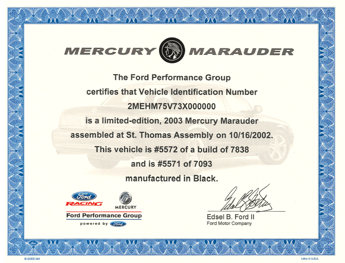 Mercury Marauder Certificate - Ford Show Parts