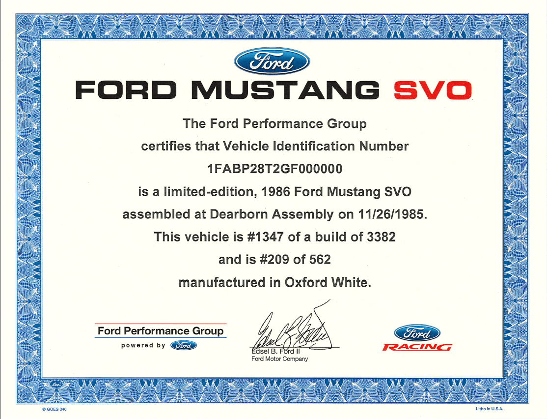 Mustang SVO Certificate of Authenticity (1984 - 1986) - Ford Show Parts