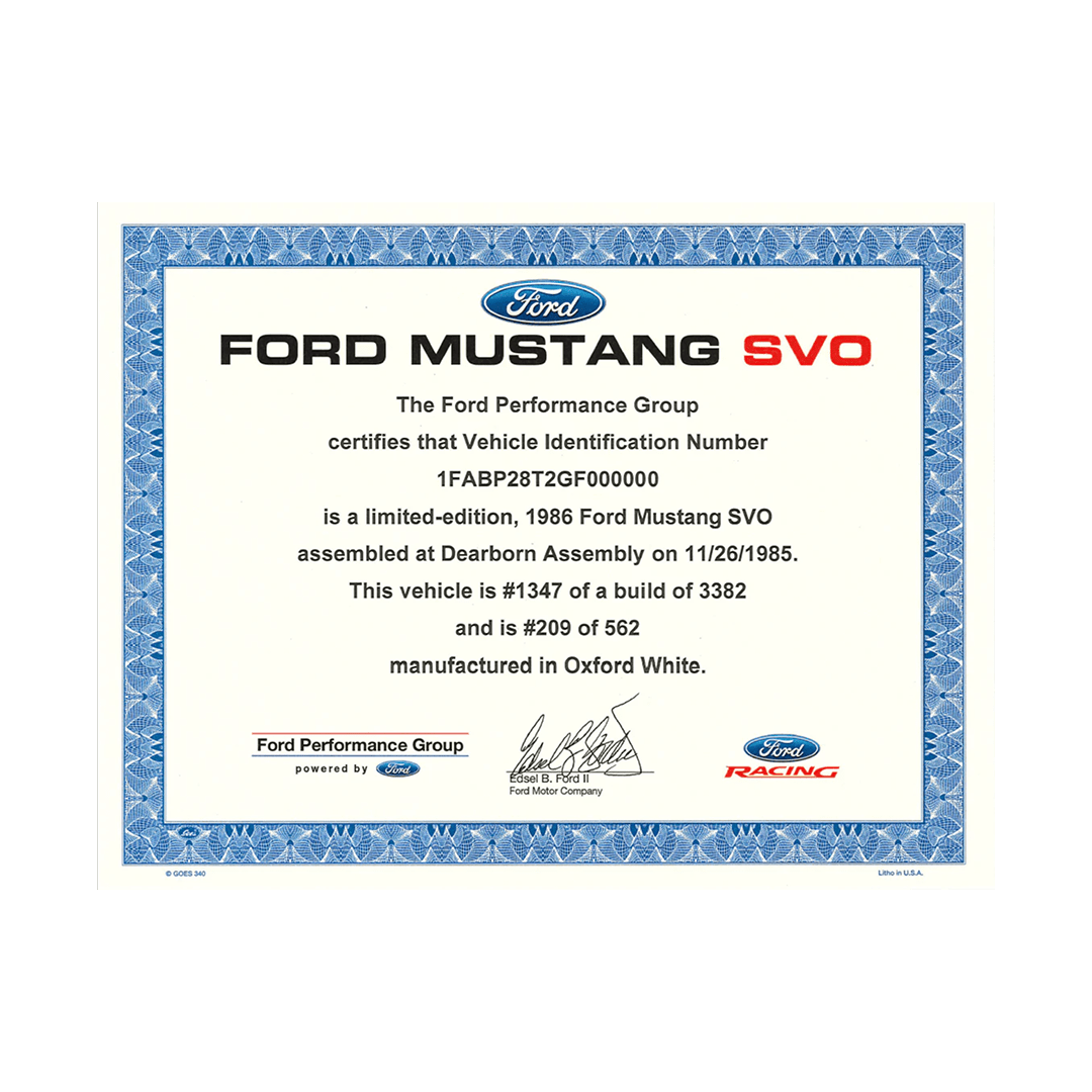 Mustang SVO Certificate of Authenticity (1984 - 1986) - Ford Show Parts