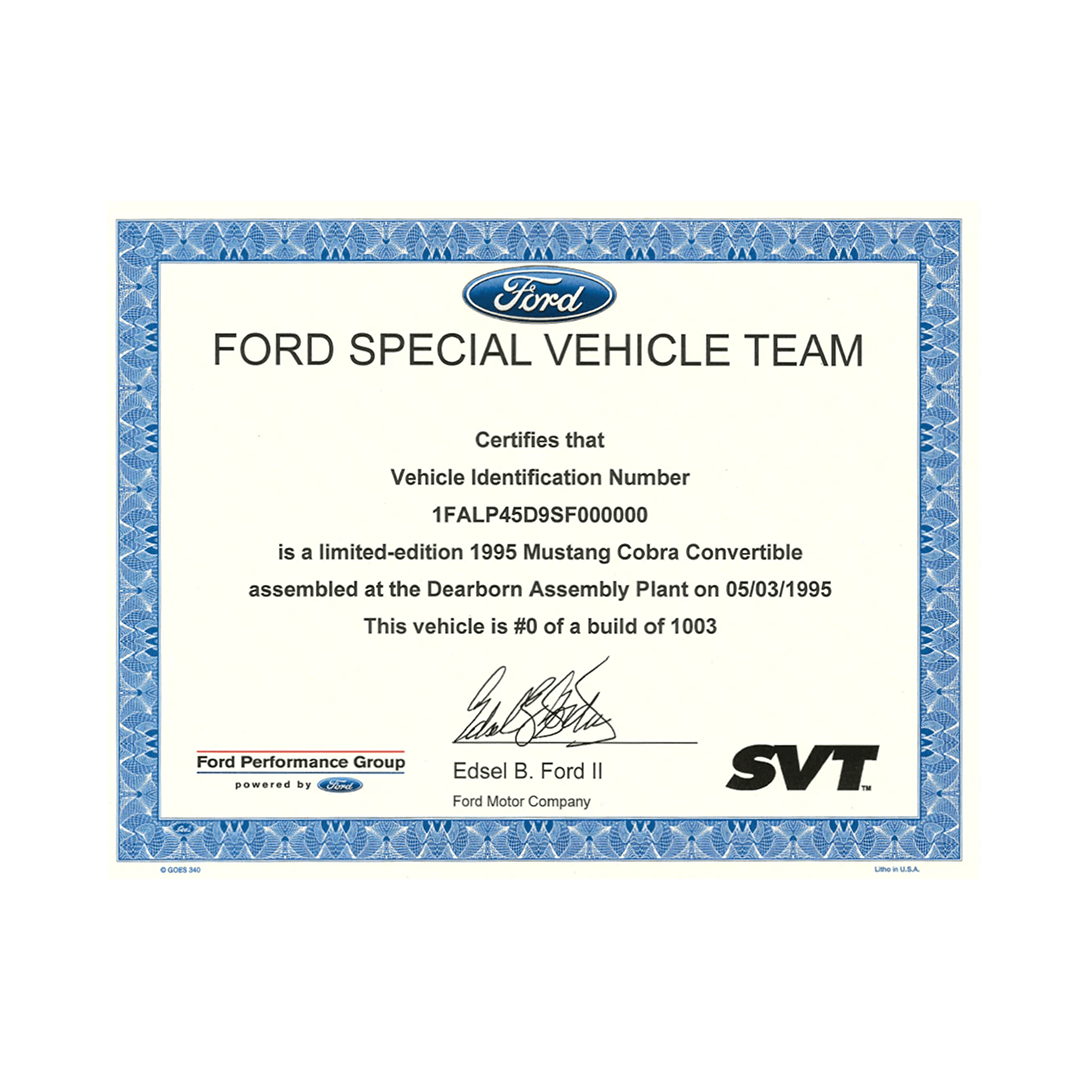 SVT Certificate - Ford Show Parts