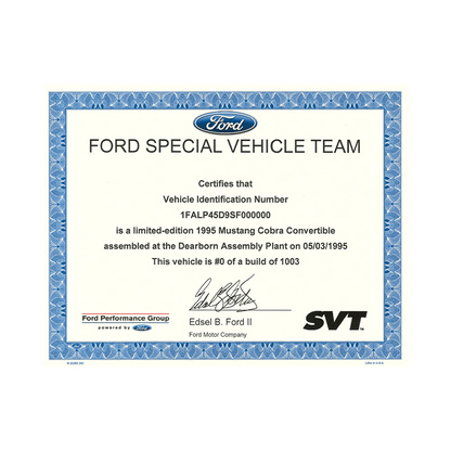 SVT Certificate - Ford Show Parts
