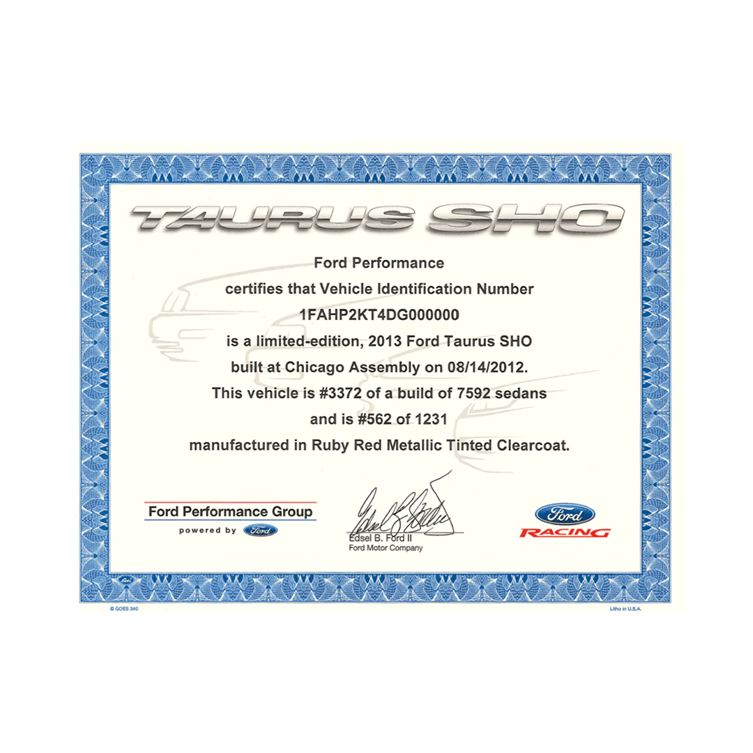 Taurus SHO Certificate of Authenticity (US VEHICLES ONLY) - Ford Show Parts