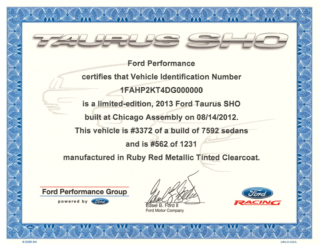 Taurus SHO Certificate of Authenticity (US VEHICLES ONLY) - Ford Show Parts