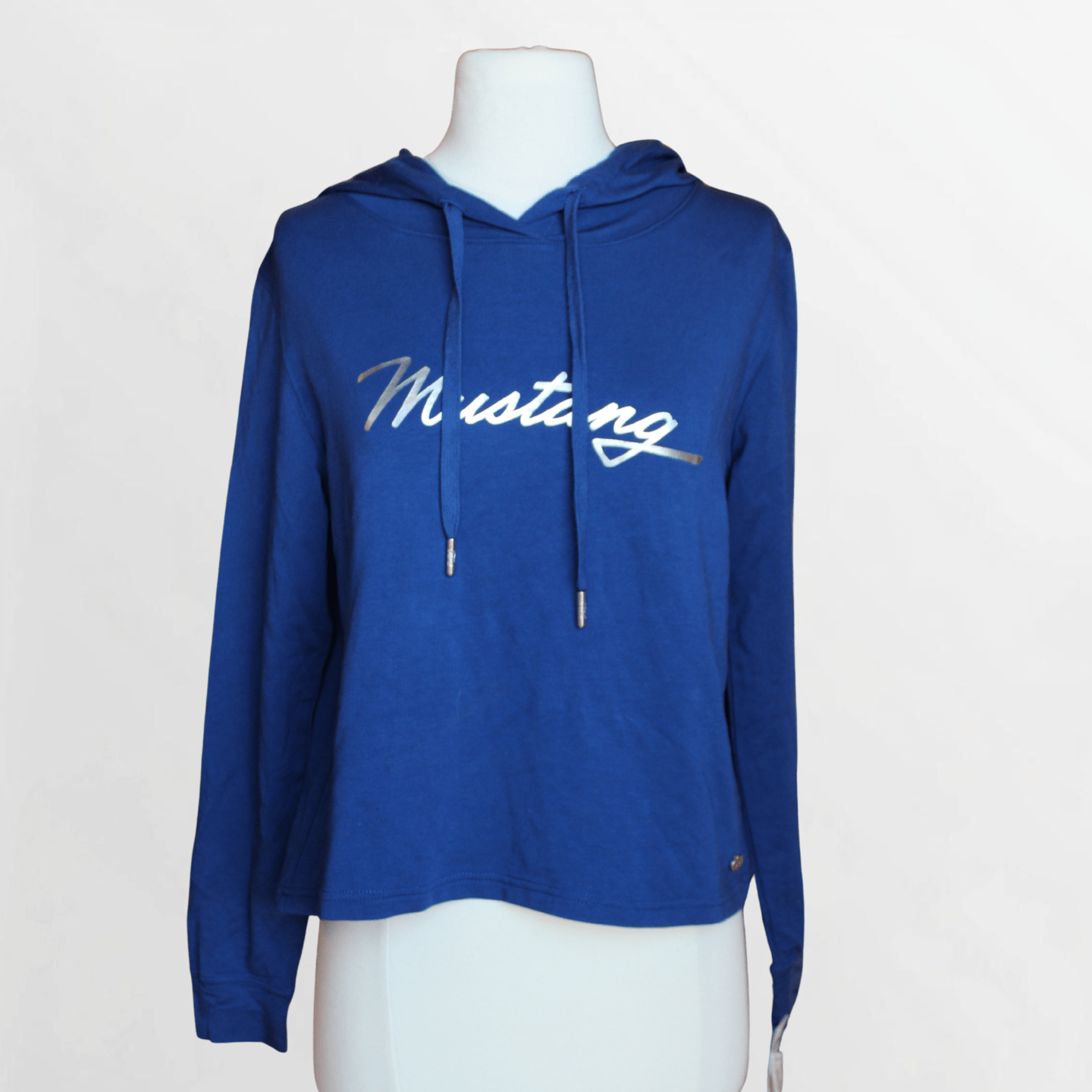 Women's Navy Mustang Script Hooded Tee - Ford Show Parts