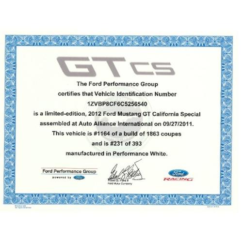 2007-2014 Mustang GT California Special Certificate of Authenticity