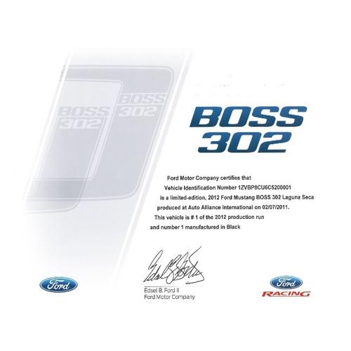 2012-2013 BOSS 302 Certificate Package