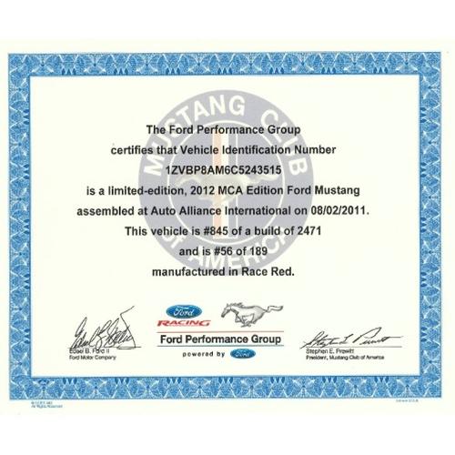 MCA Certificate 2011-2014 Mustang