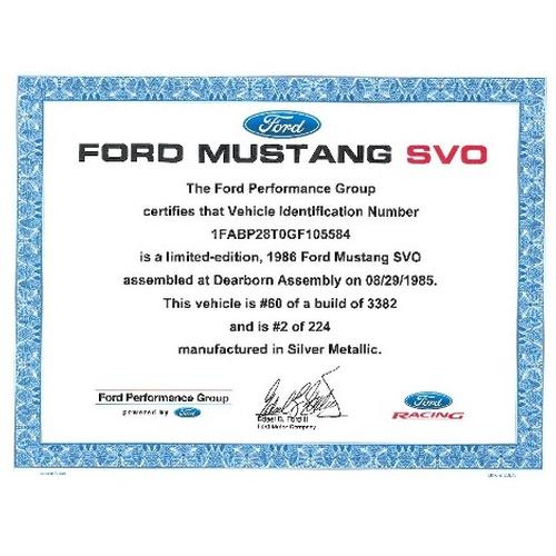 Mustang SVO Certificate of Authenticity (1984-1986)